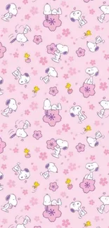 Pink wallpaper with cute cartoons and floral designs.