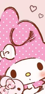 Adorable cartoon character on a pink background with polka dots.