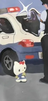 Cute cartoon character next to police car.