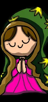 Cute cartoon character in prayer with a starry green cloak.