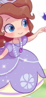 Cute cartoon princess in a lavender dress with a friendly bluebird.