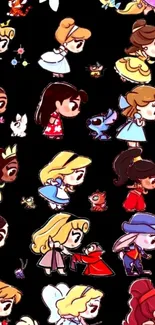 Cute cartoon princess characters on black background.