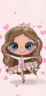 Cute cartoon princess ballerina with pink hearts and tiara.