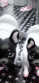 Two cute cartoon puppies with large eyes on a patterned floor, in anime style.