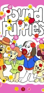 Colorful cartoon Pound Puppies on a pink background