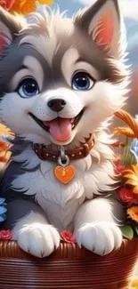 Cute cartoon puppy in floral basket wallpaper.