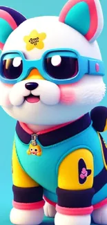 Cute cartoon puppy with sunglasses in a colorful outfit.