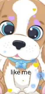 Adorable cartoon puppy with big blue eyes on a mobile wallpaper.