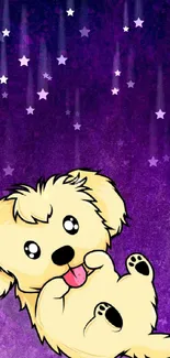 Cute cartoon puppy on a purple background for mobile wallpaper.