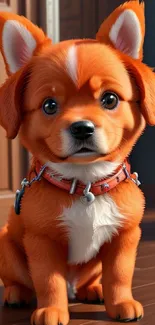 Cute cartoon puppy with big eyes and orange fur sitting indoors.