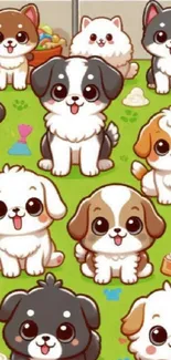 Cartoon puppies on a green background.