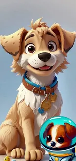 Adorable cartoon puppy with collar on a light blue background.