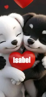 Two cute cartoon puppies hugging with a heart.