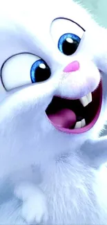 Cute and fluffy white cartoon rabbit with big blue eyes in a playful pose.