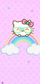 Cute cartoon cat on a rainbow with clouds and pink background.