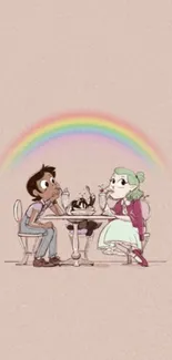 Cartoon characters under a rainbow on a peach background wallpaper.