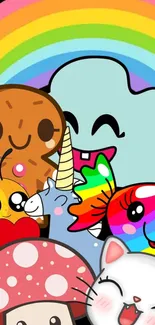 Cute cartoon animals with a colorful rainbow background.