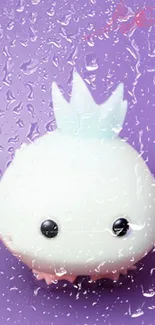 Cute cartoon character with raindrop effect on light purple background.