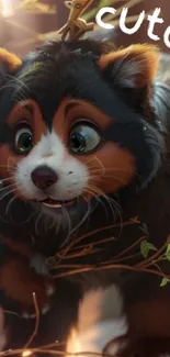 Charming cartoon red panda in forest with cute expression.