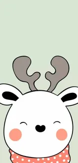 Cute cartoon reindeer with antlers and red scarf on pastel green background.