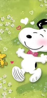 Cartoon characters relaxing on green field wallpaper.