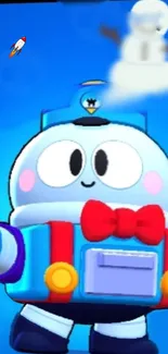 Cute cartoon robot with colorful design on a blue background.