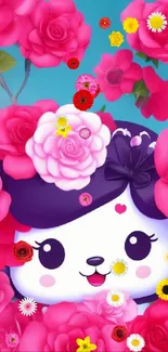 Adorable cartoon face surrounded by vibrant pink roses.