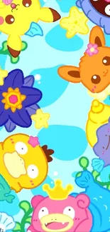 Vibrant cartoon wallpaper with cute sea creatures.