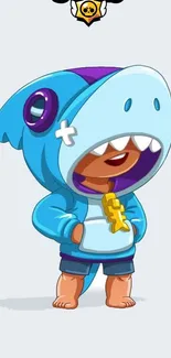 Cartoon character in a cute blue shark hoodie, perfect as a mobile wallpaper.