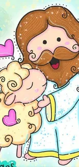 Cute cartoon of sheep and a figure with a happy message on colorful background.