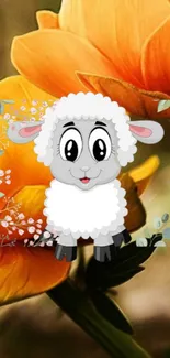 Cute cartoon sheep with orange flowers and playful floral accents.