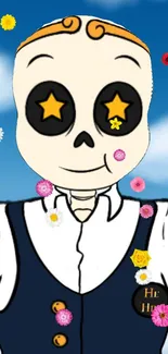 Cute cartoon skull with star eyes and flowers on a blue sky background.