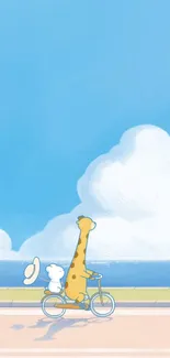 Cartoon giraffe riding a bike, set against a bright blue sky with fluffy clouds.