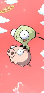 Cartoon pig and alien float in pink sky with pizza.