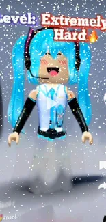 Cute cartoon character with blue hair in snowflakes.