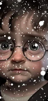 Cartoon child with glasses amidst snowfall background.