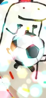 Cartoon character holding a soccer ball with colorful bokeh lights.