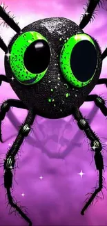 Colorful cartoon spider with big green eyes on a purple background.