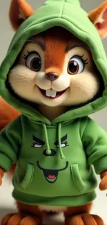 Cute cartoon squirrel wearing a green hoodie with playful expression.