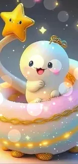 Cute cartoon creature holding a star wand in pastel colors.