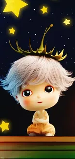 Cute cartoon child with crown under starry sky wallpaper.