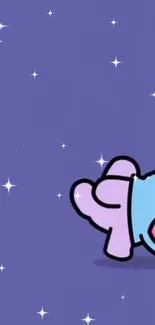 Cute cartoon on a purple starry background for mobile wallpaper.