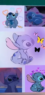 Collage of cute Stitch cartoon characters in blue and purple tones.