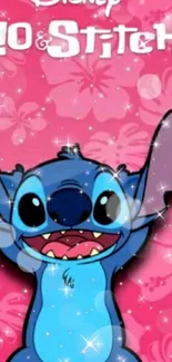 Adorable Stitch cartoon character on pink floral background.