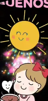 Cute cartoon wallpaper with sun and smiling child on a dark background.