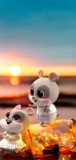 Cute cartoon animals enjoying a sunset at the beach with a glowing jar.