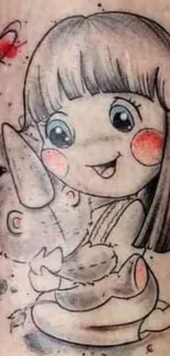 Cute cartoon tattoo of a girl with a rhino, hearts in soft pink tones.