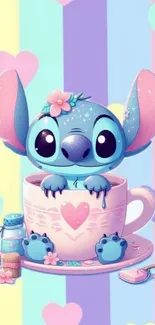 Cute cartoon creature in teacup with pastel colors.