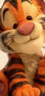 Cute cartoon tiger with orange fur, sitting playfully.