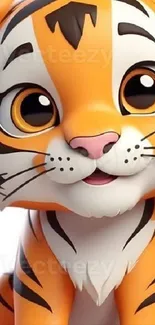 Animated cute tiger with big eyes and playful expression.